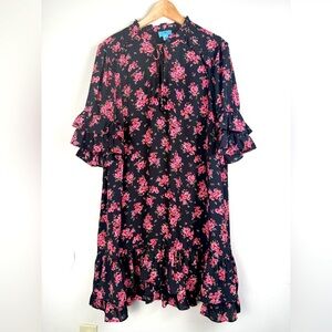Cece Black/Pink  Floral Chiffon Babydoll Dress 2X Ruffle Tiered Hem Whimsigoth
